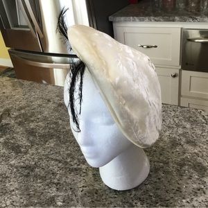 Vintage Cream Velvet Hat with Feathers